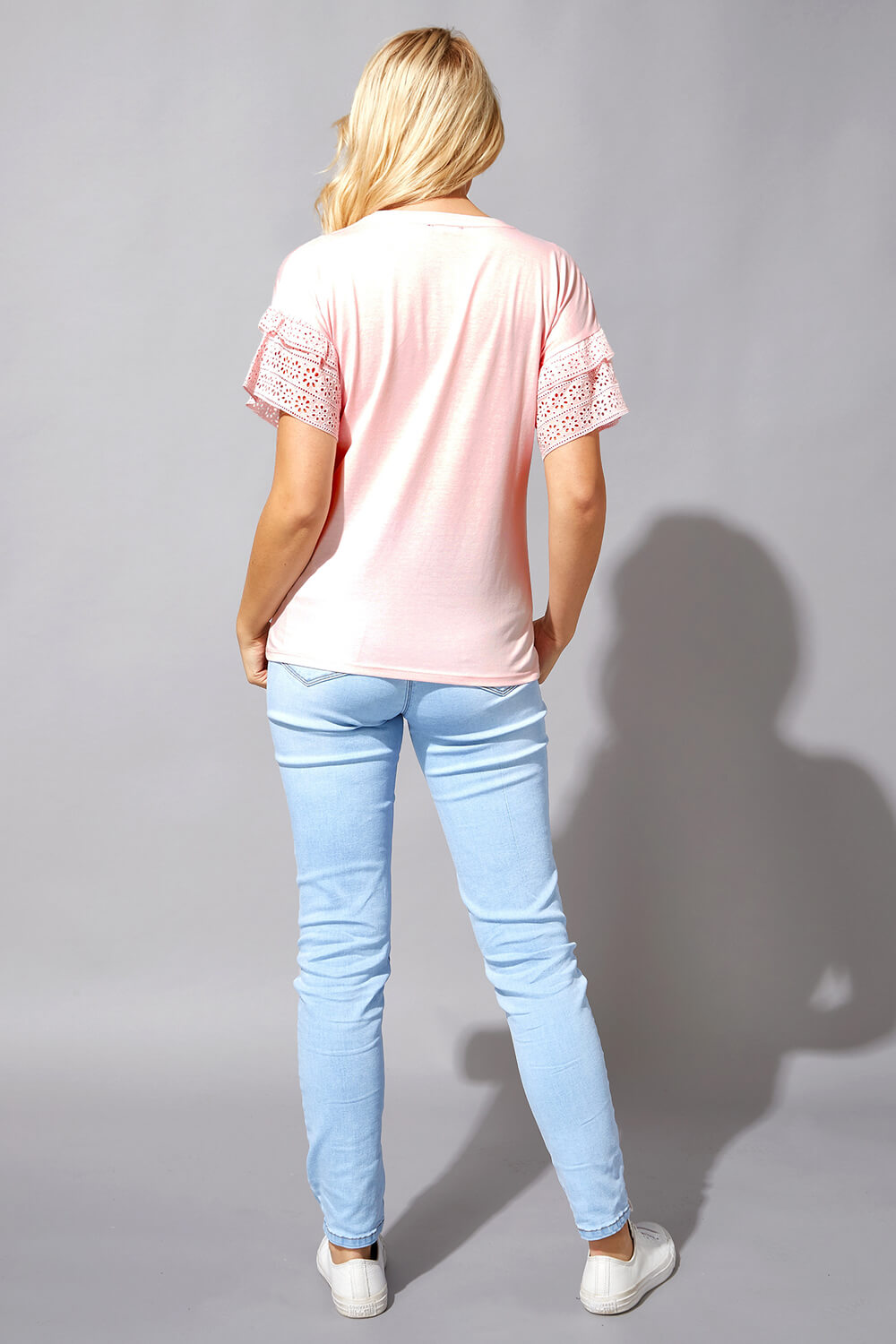 Light Pink Broderie Frill Sleeve T-Shirt, Image 2 of 4