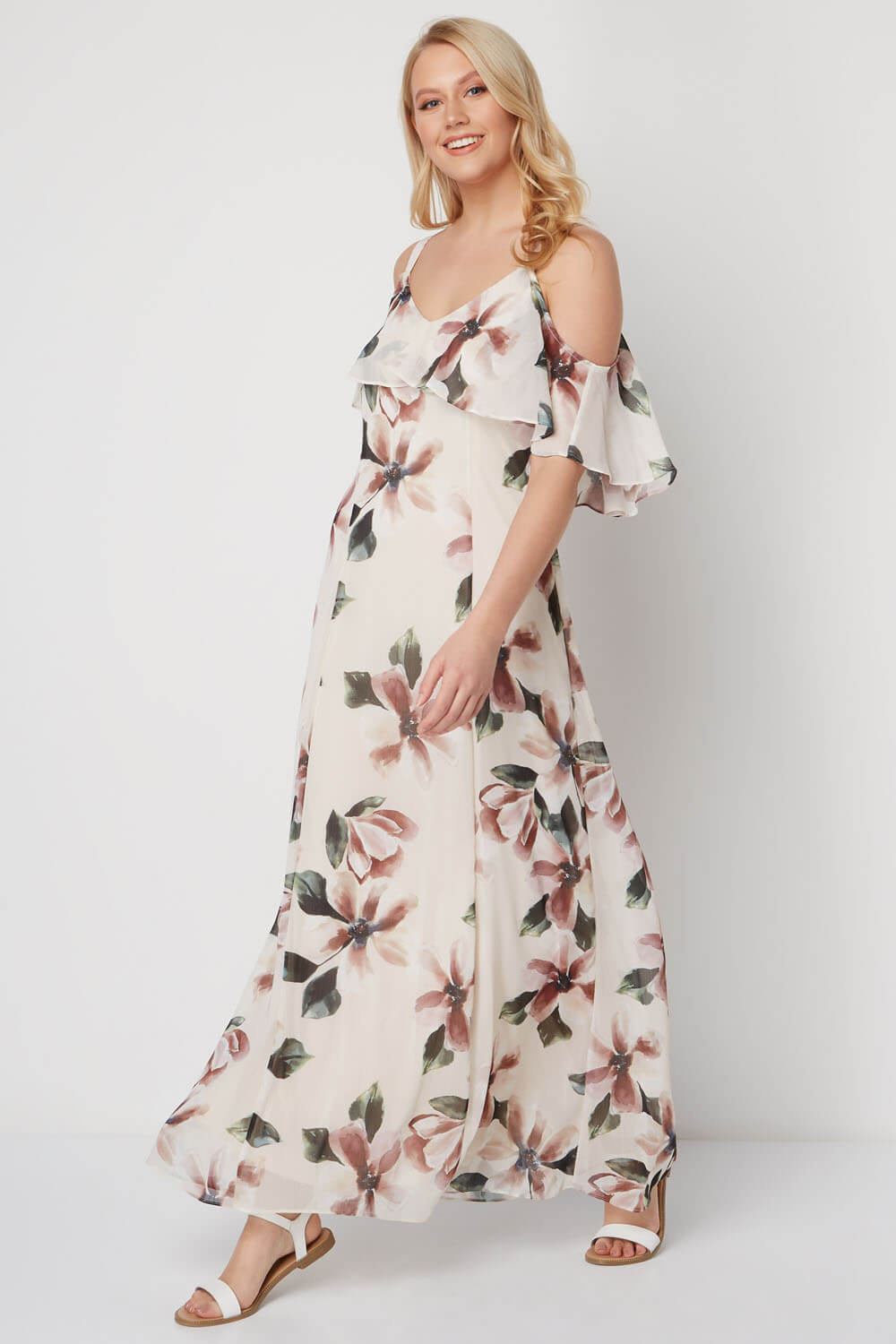 Neutral  Cold Shoulder Chiffon Floral Maxi Dress, Image 2 of 5