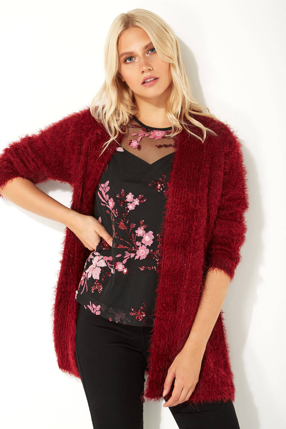 Bordeaux Fluffy Sequin Cardigan, Image 4 of 5
