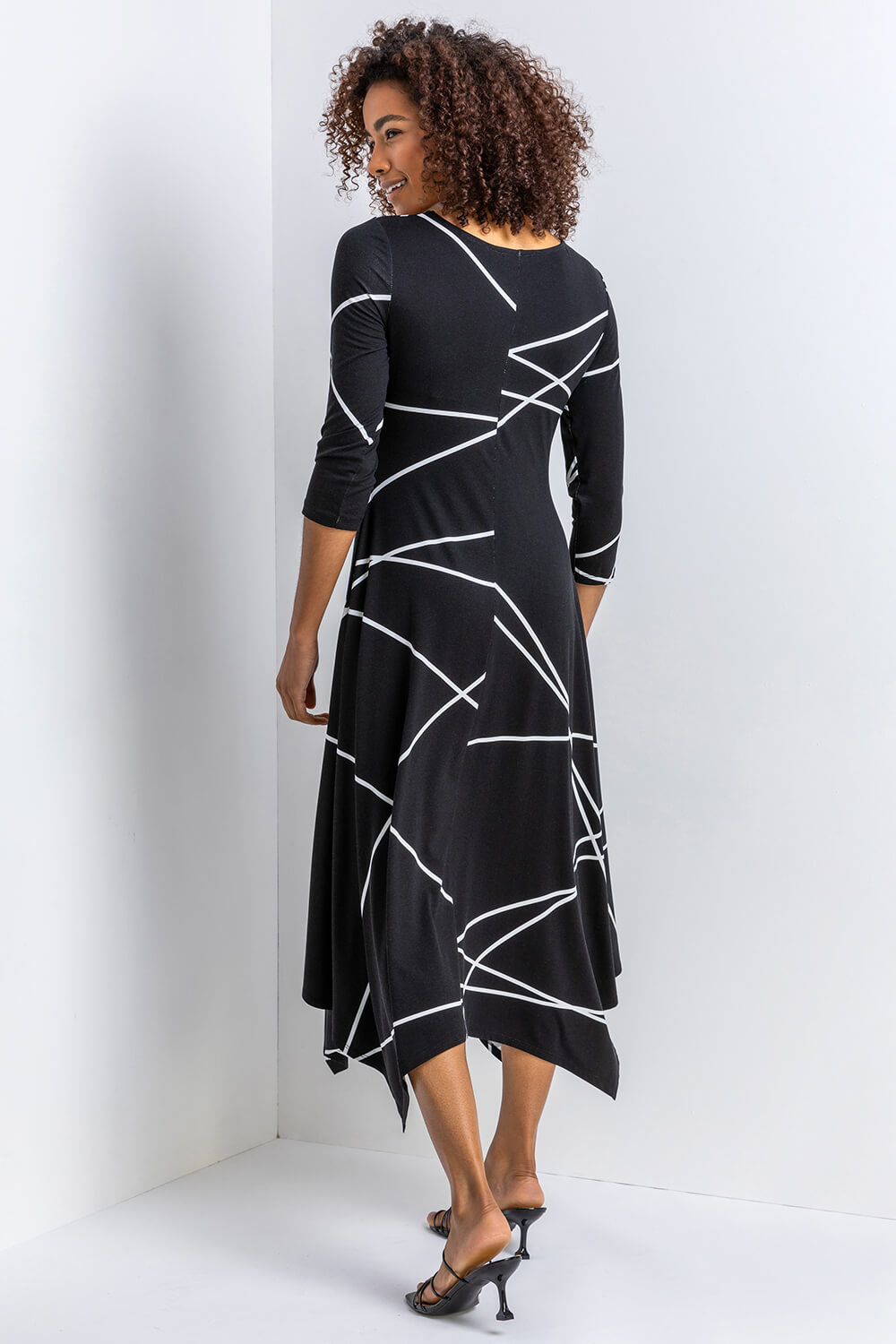 Black Linear Print Hanky Hem Dress, Image 2 of 4