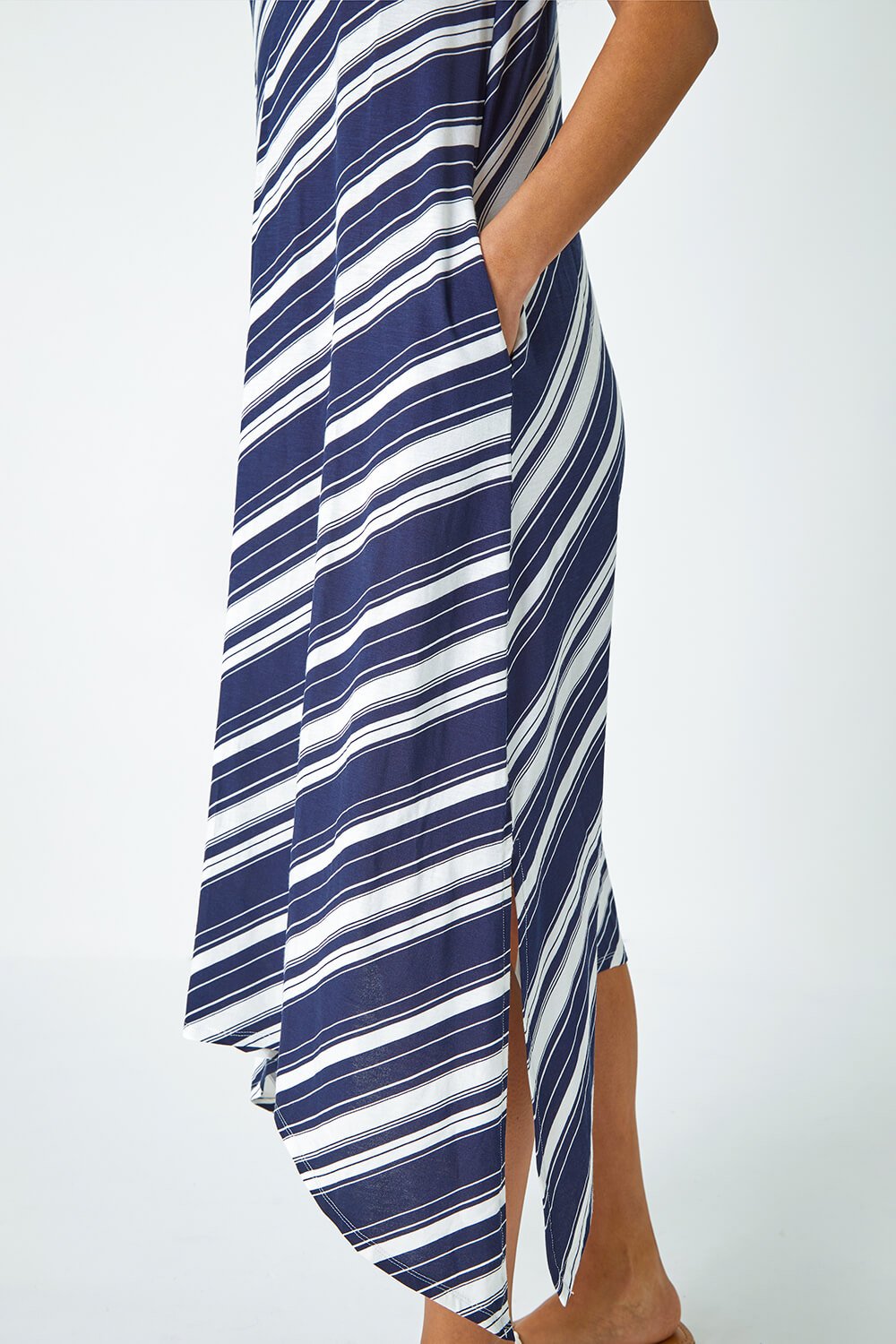 Navy  Stripe Print Midi Smock Stretch Dress, Image 4 of 4