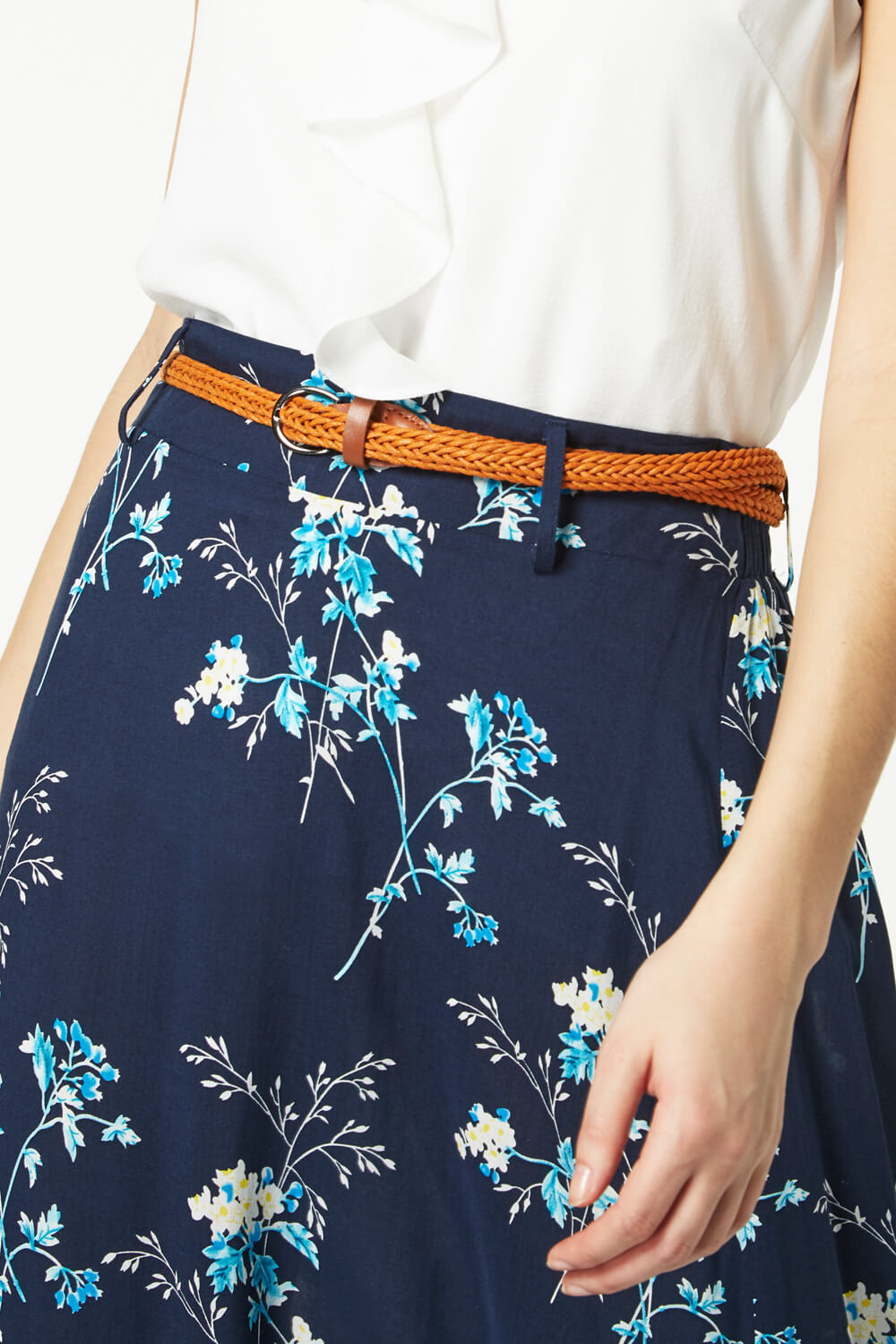 Navy  Floral Belted Maxi Skirt, Image 4 of 5