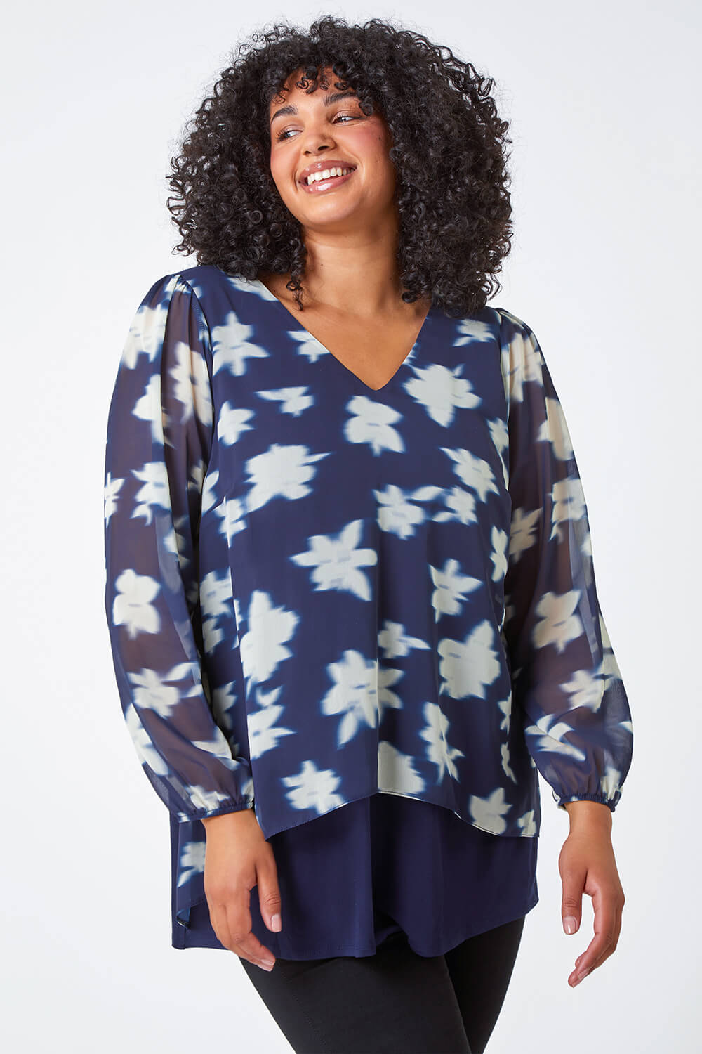 Navy  Curve Floral Overlay Stretch Top, Image 2 of 5