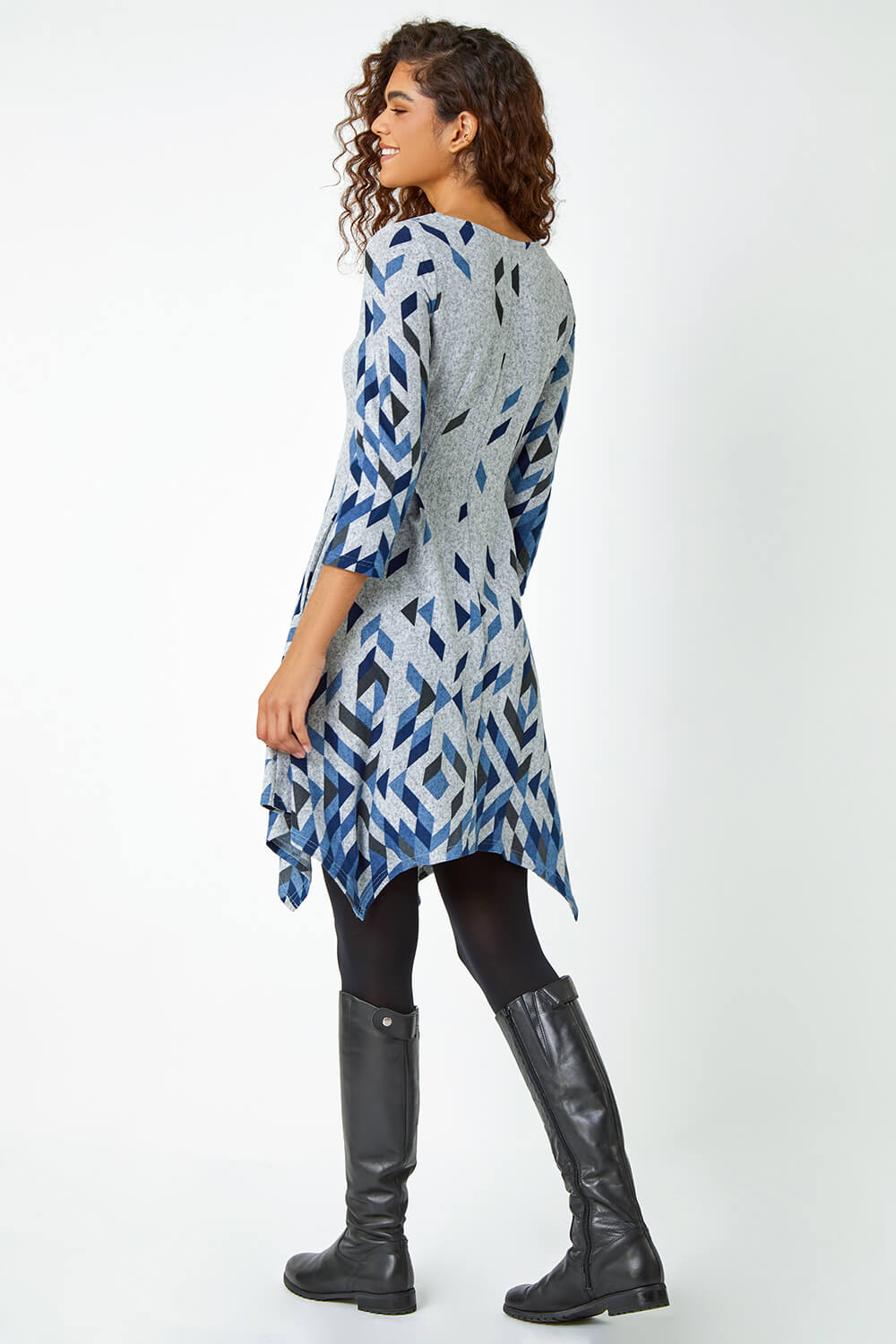 Blue Geometric Print Panelled Stretch Dress, Image 3 of 5