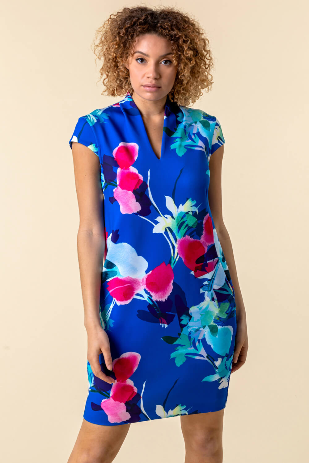 Royal Blue Floral Print Stretch Cocoon Dress, Image 3 of 4