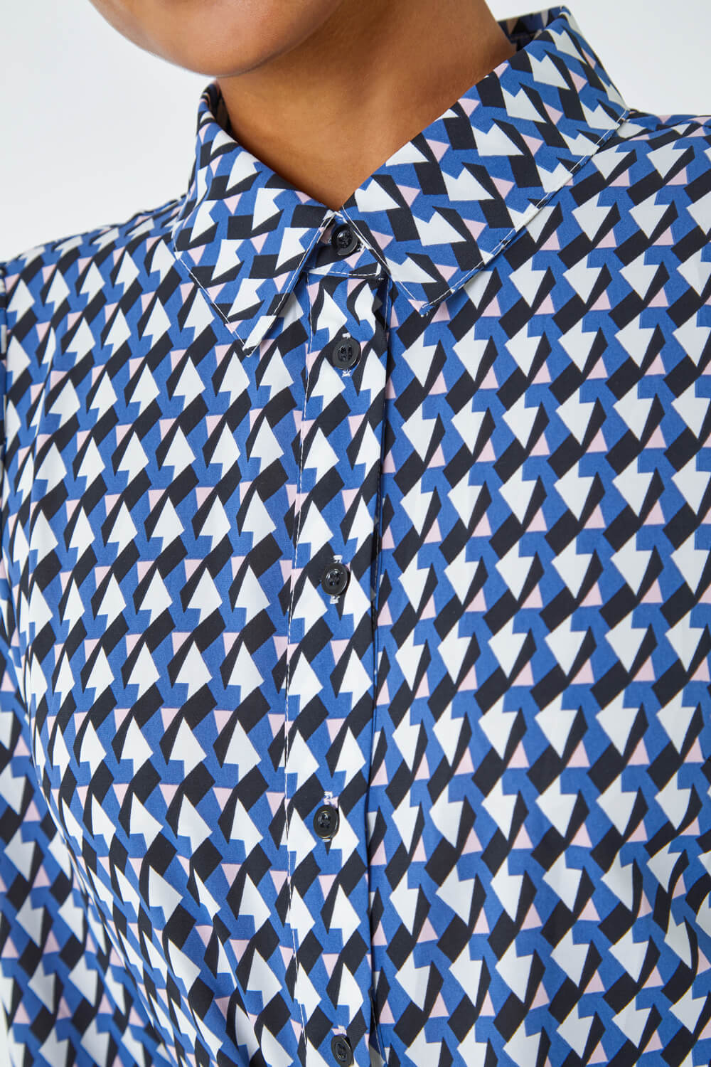 Blue Geometric Print Tie Waist Midi Shirt Dress, Image 5 of 5