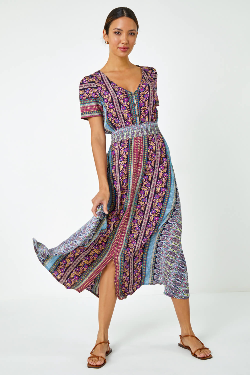 Purple Floral Print Fit and Flare Maxi Dress, Image 3 of 5