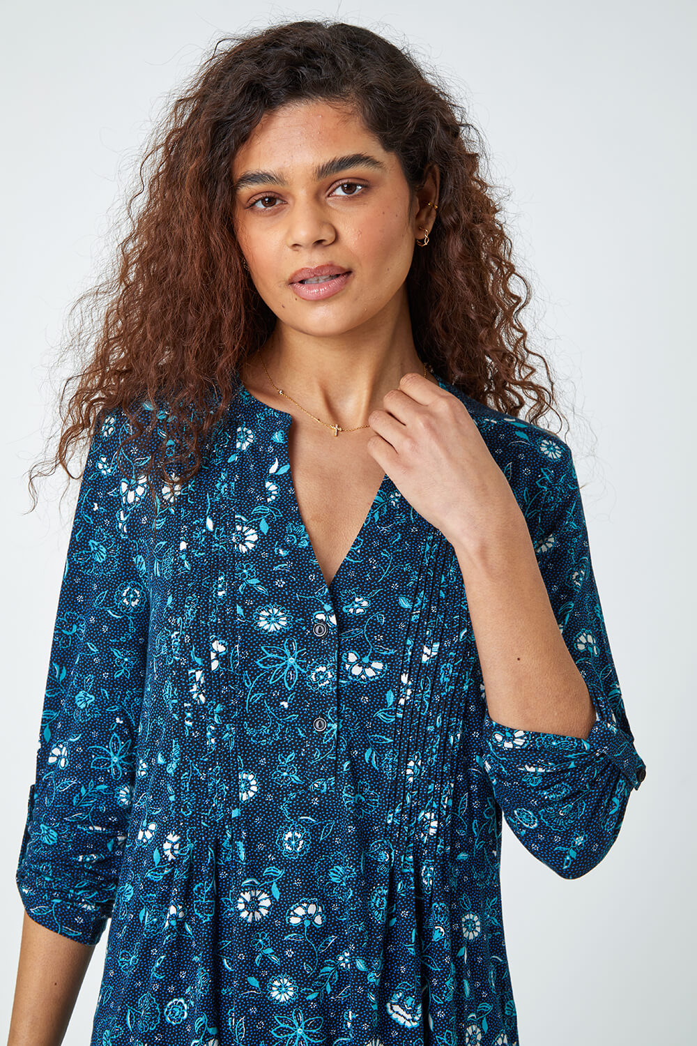 Teal Ditsy Floral Pintuck Stretch Top | Roman UK
