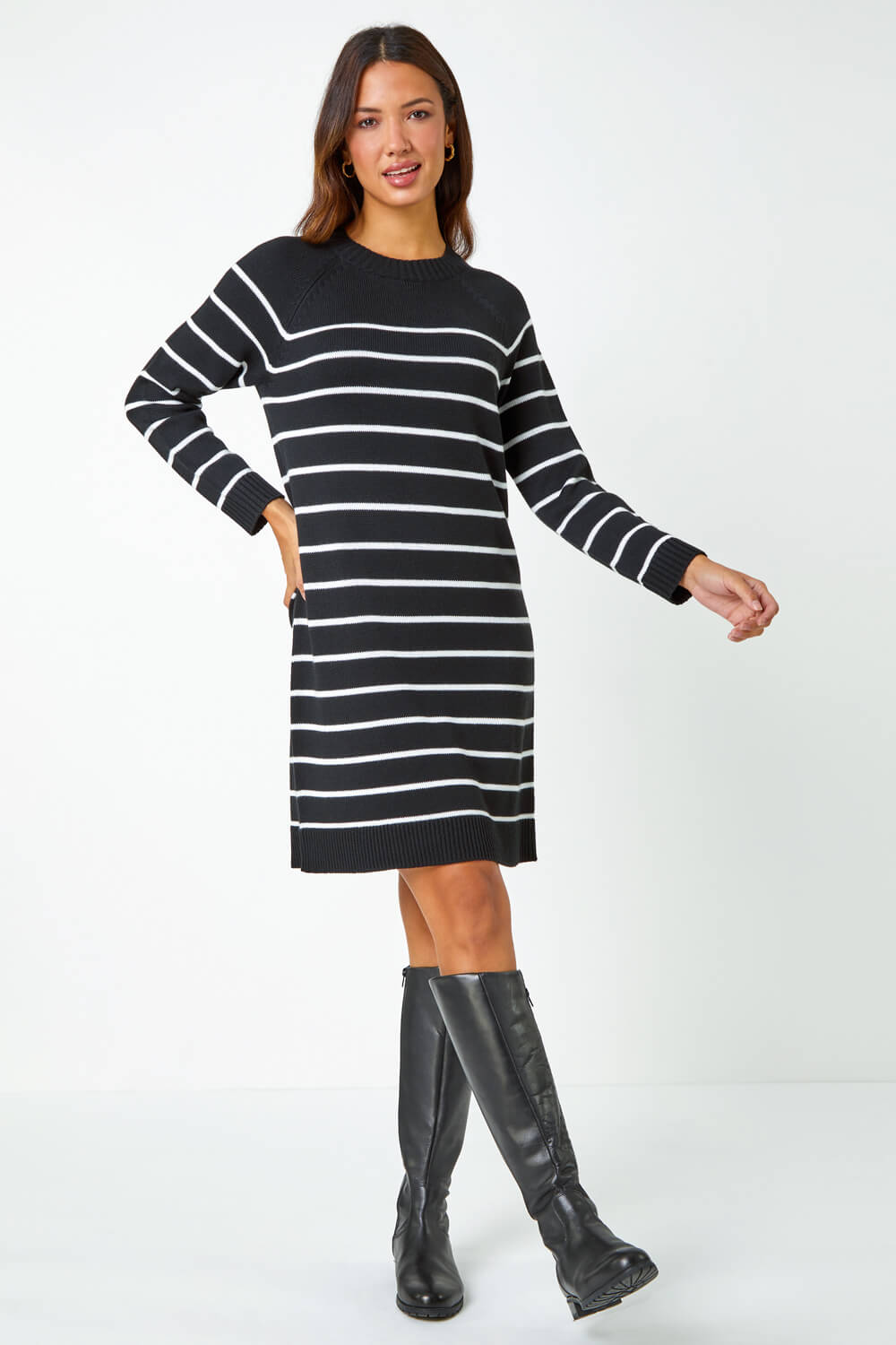 Black Stripe Print Knitted Jumper Dress, Image 2 of 5
