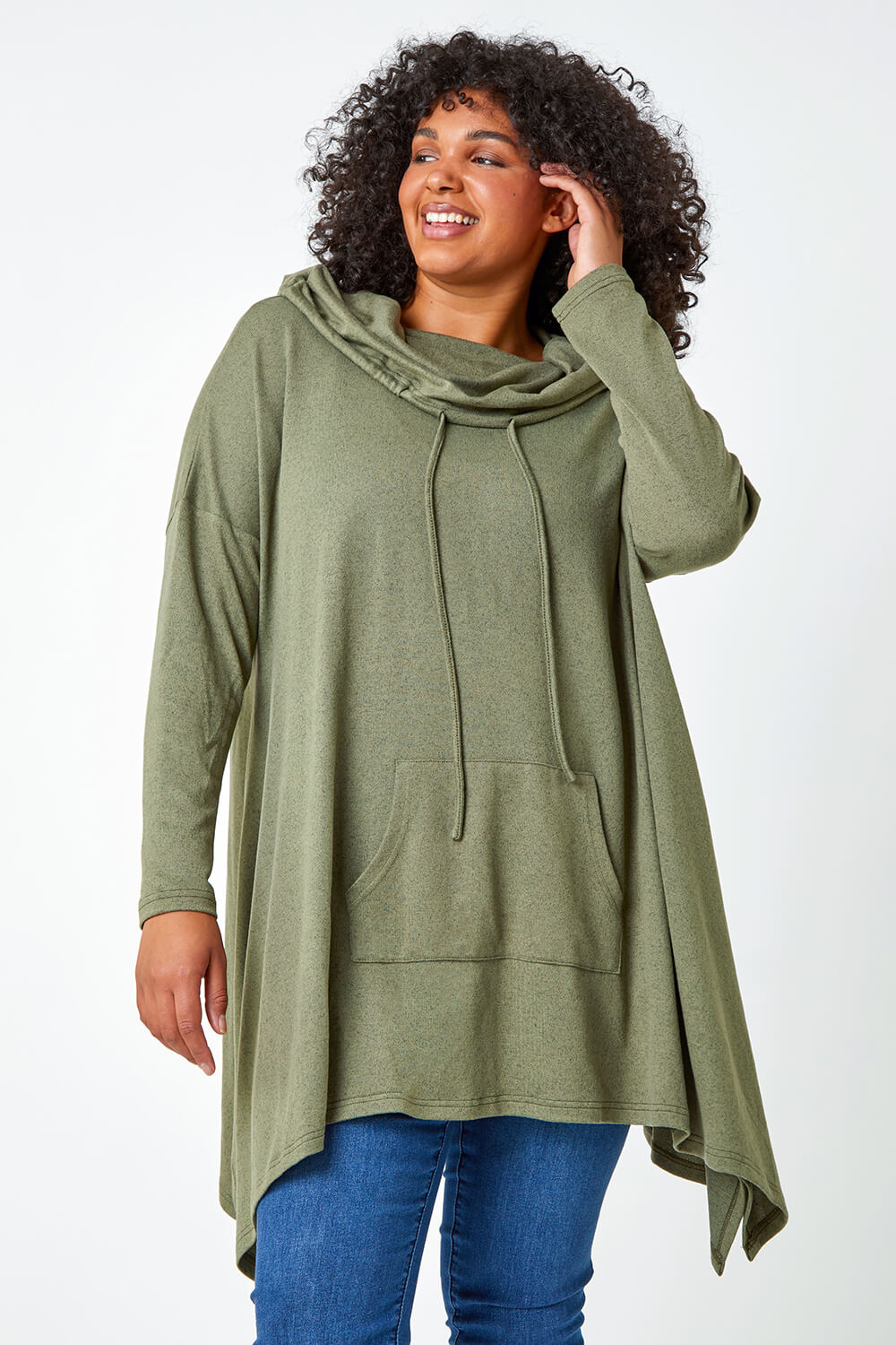 KHAKI Curve Cowl Neck Relaxed Stretch Top, Image 4 of 5