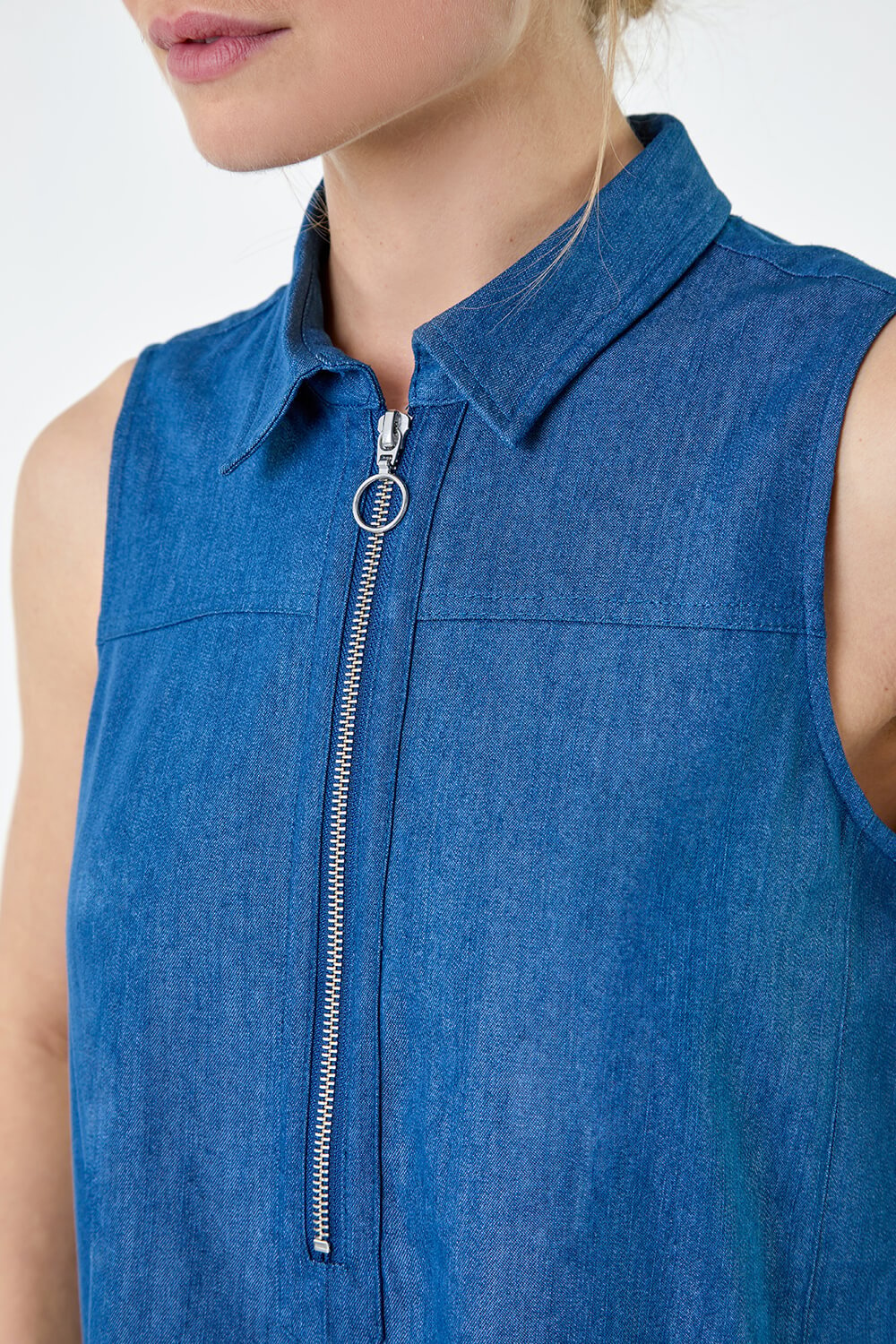 Blue Denim Zip Detail Dipped Hem Midi Dress, Image 5 of 5