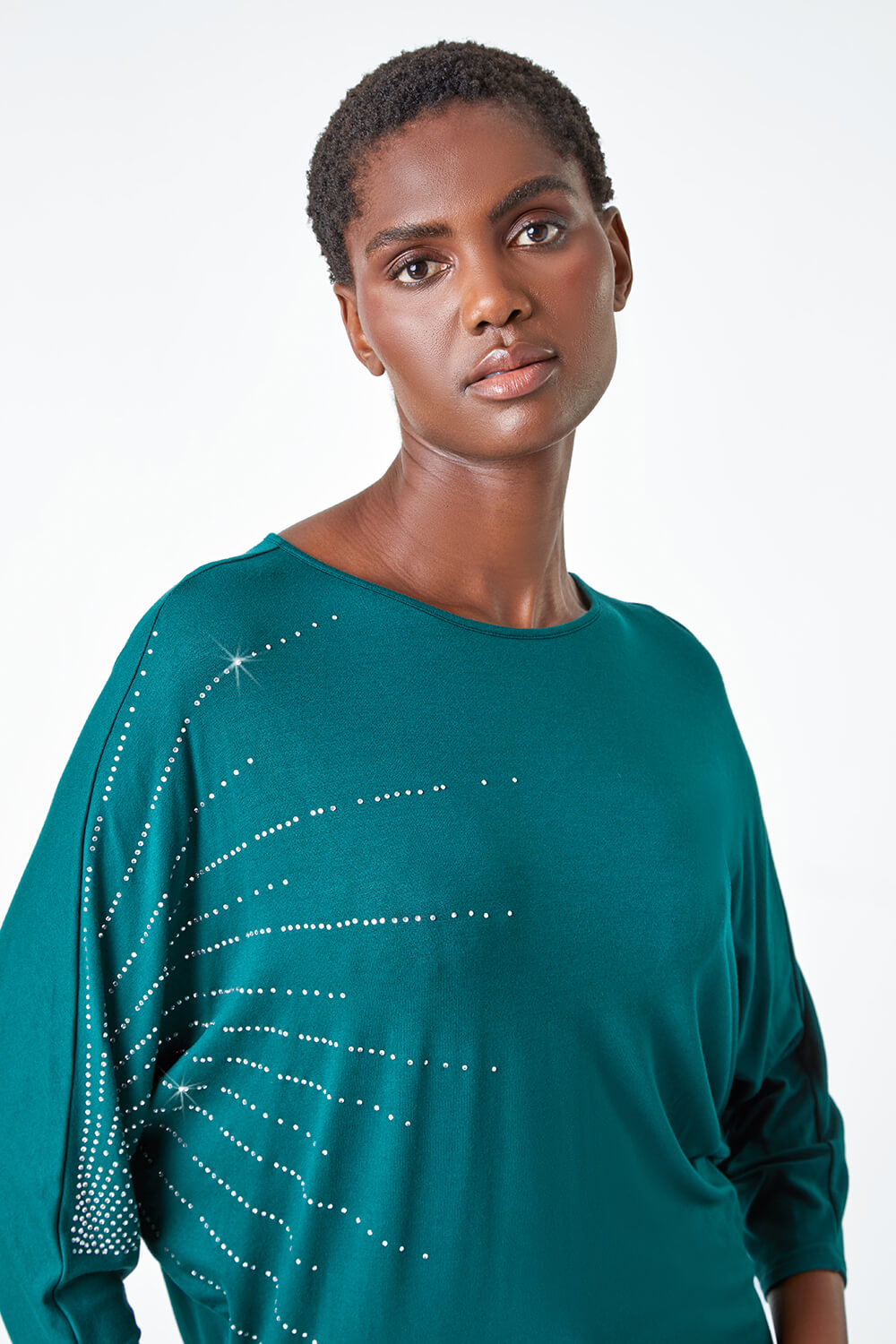 Dark Green Diamante Embellished Relaxed Stretch Top , Image 4 of 5