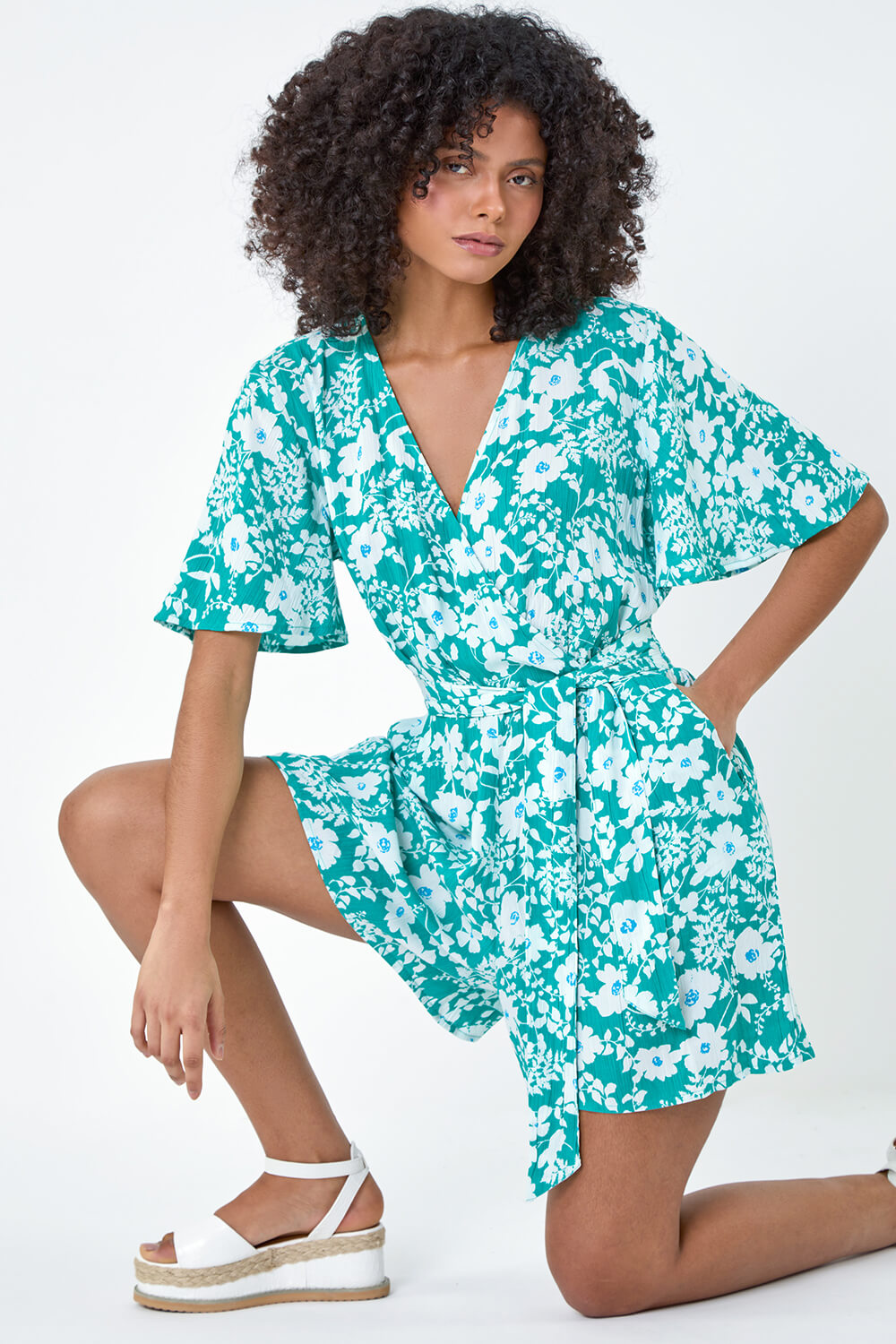 Floral Print Belted Wrap Playsuit