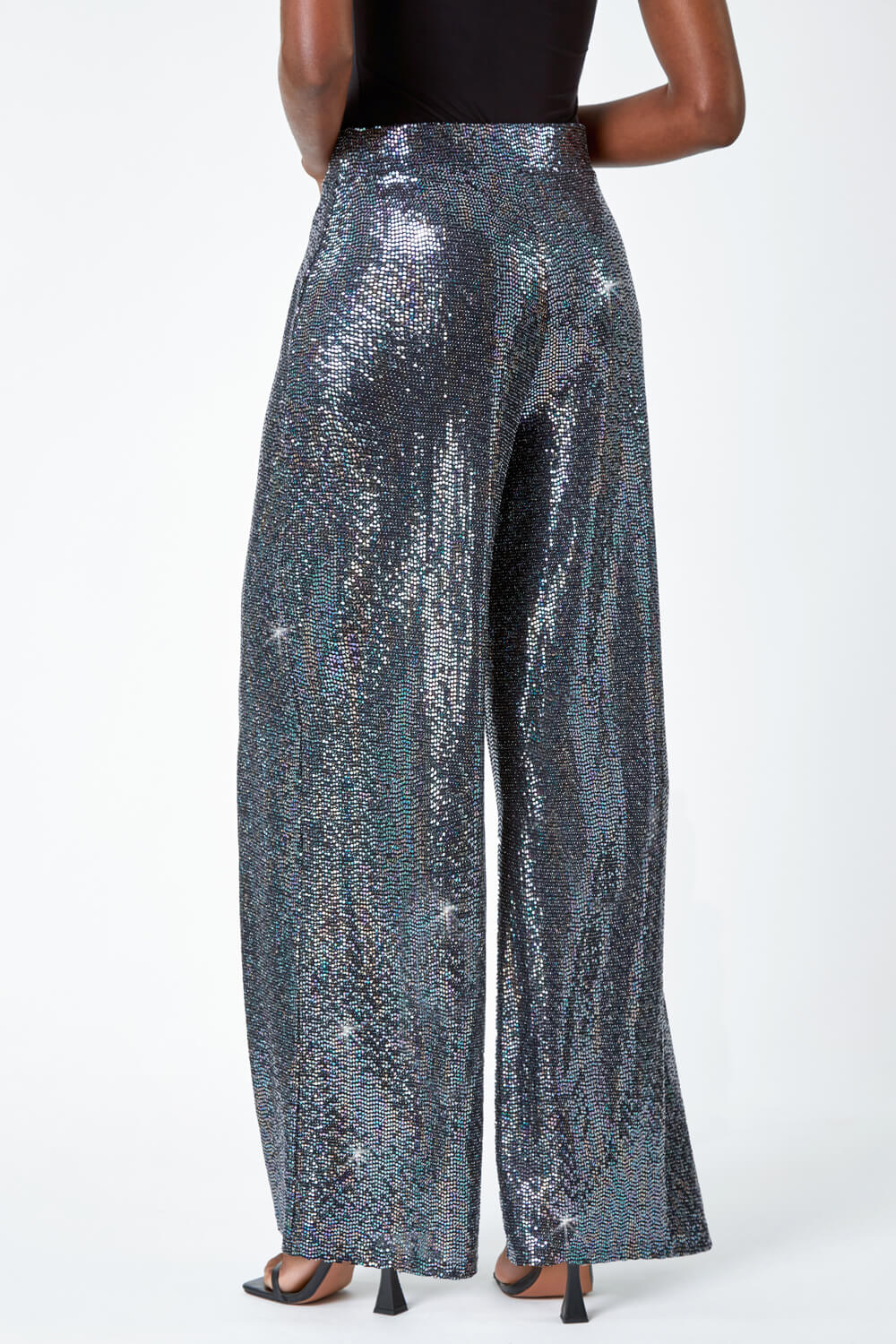 Silver Wide Leg Sequin Stretch Trousers, Image 3 of 7