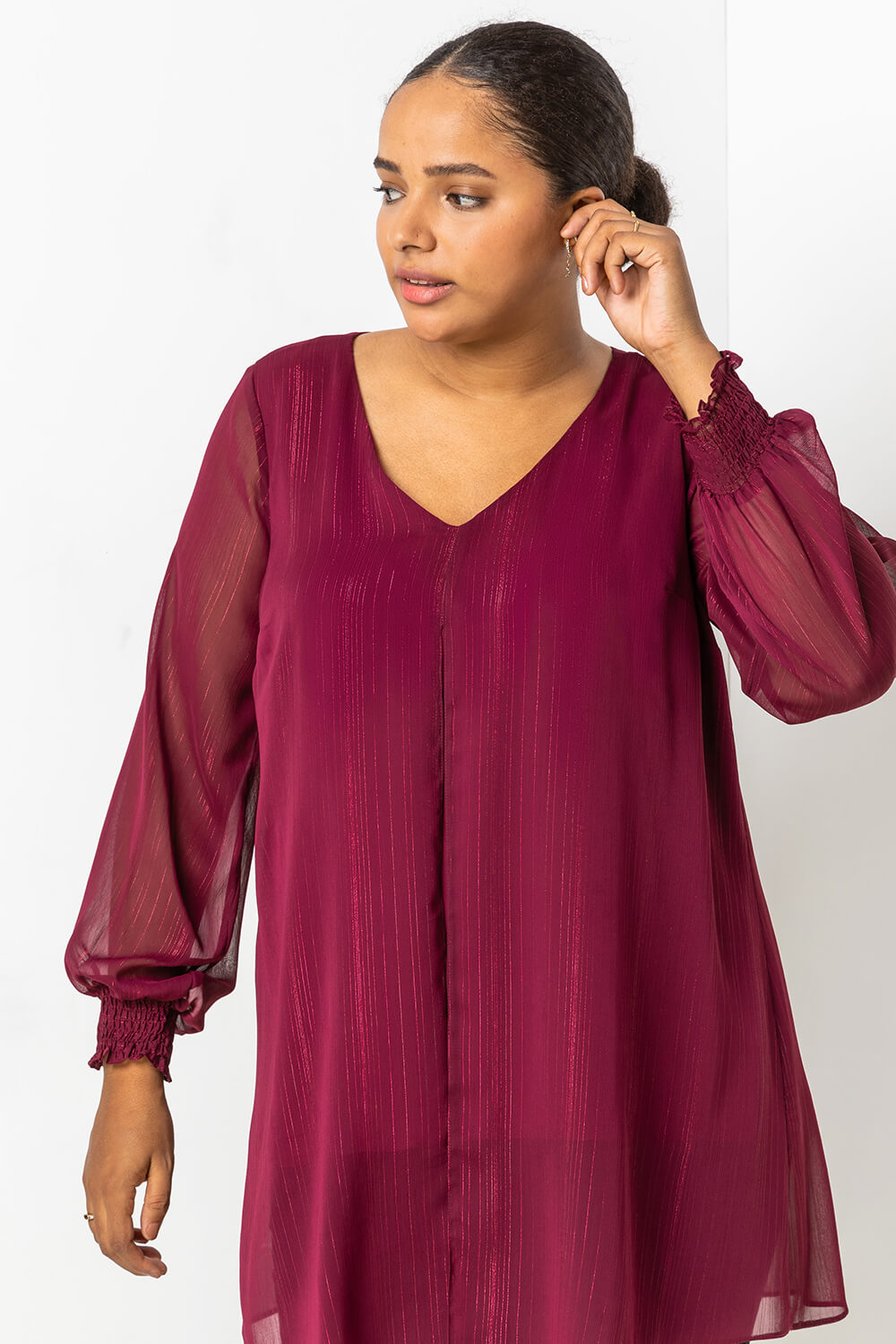 Wine Curve Chiffon Shimmer Split Front Top, Image 5 of 5