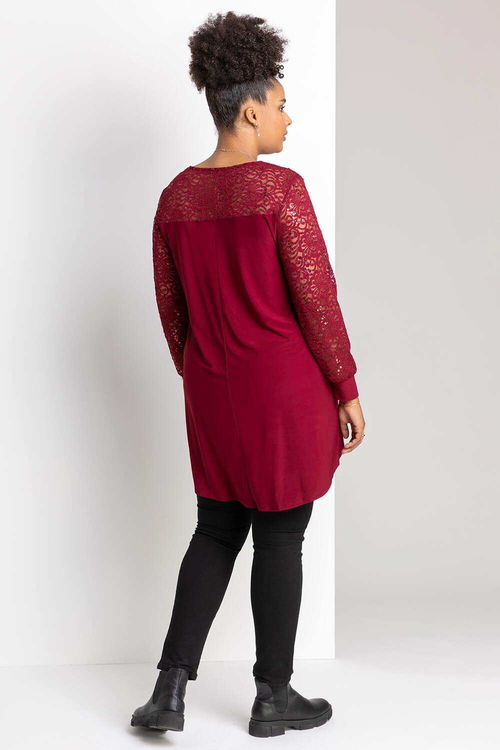 Wine Curve Sequin Lace Yoke Jersey Top, Image 2 of 4