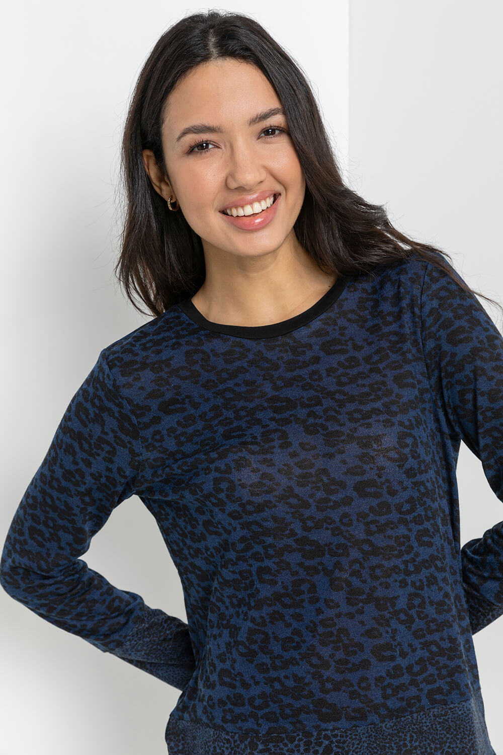 Navy  Leopard Print Round Neck Long Sleeve Jersey Top, Image 4 of 4