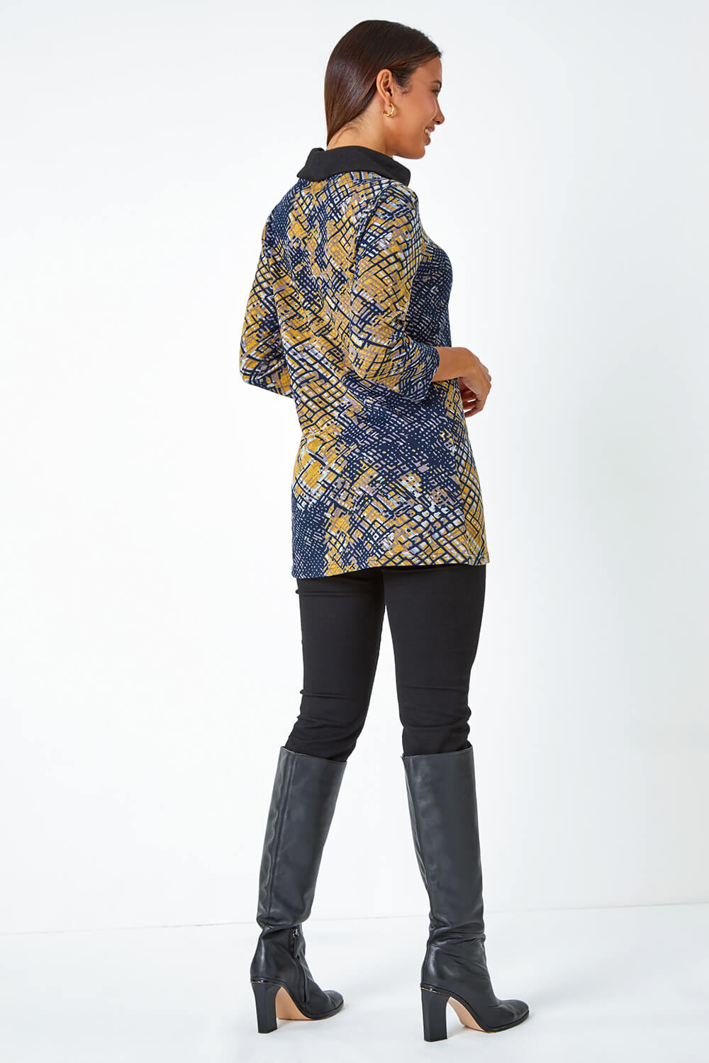 Ochre Abstract Print Cowl Neck Stretch Top, Image 3 of 5