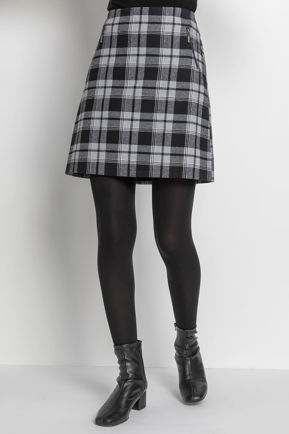 Grey Check Print Zip Pocket Skirt | Roman UK