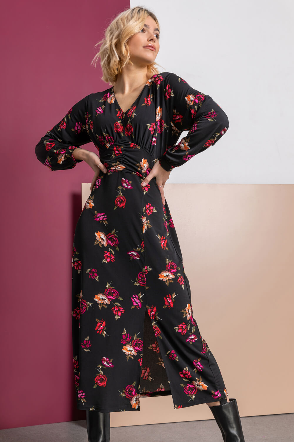 Gathered Waist Floral Ruched Midi Dress