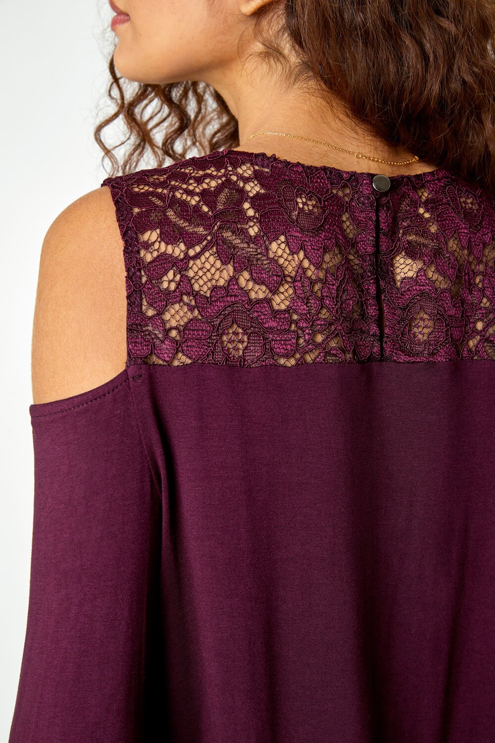 Wine Lace Detail Cold Shoulder Stretch Top , Image 5 of 5