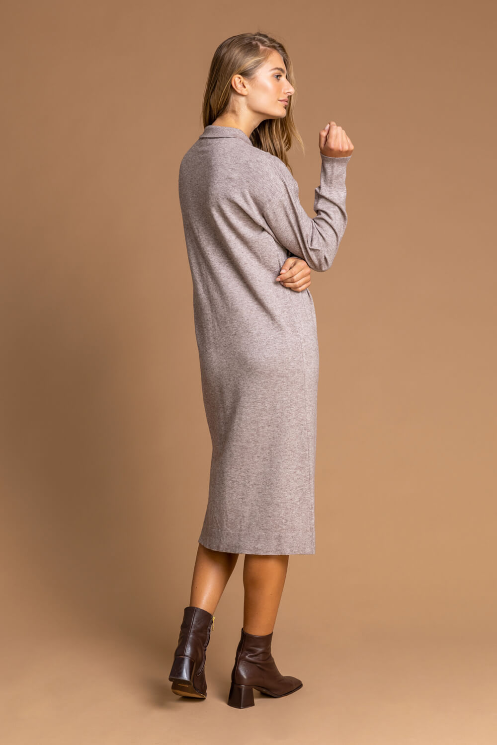 Taupe Polo Neck Knitted Midi Dress, Image 3 of 5