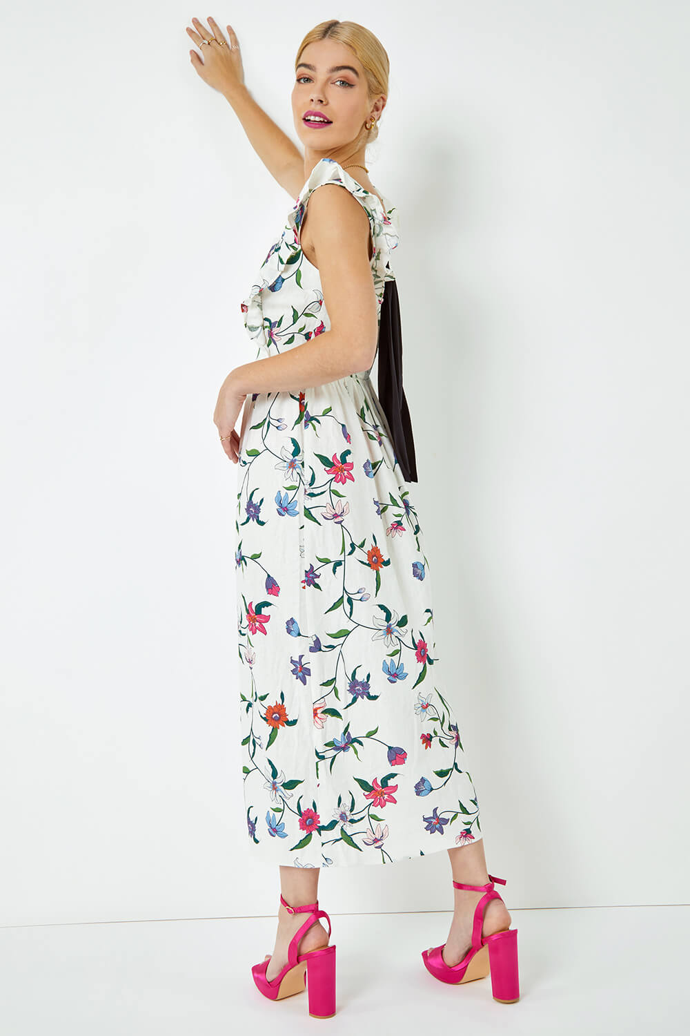 White Floral Print Frill Detail Maxi Dress, Image 3 of 5