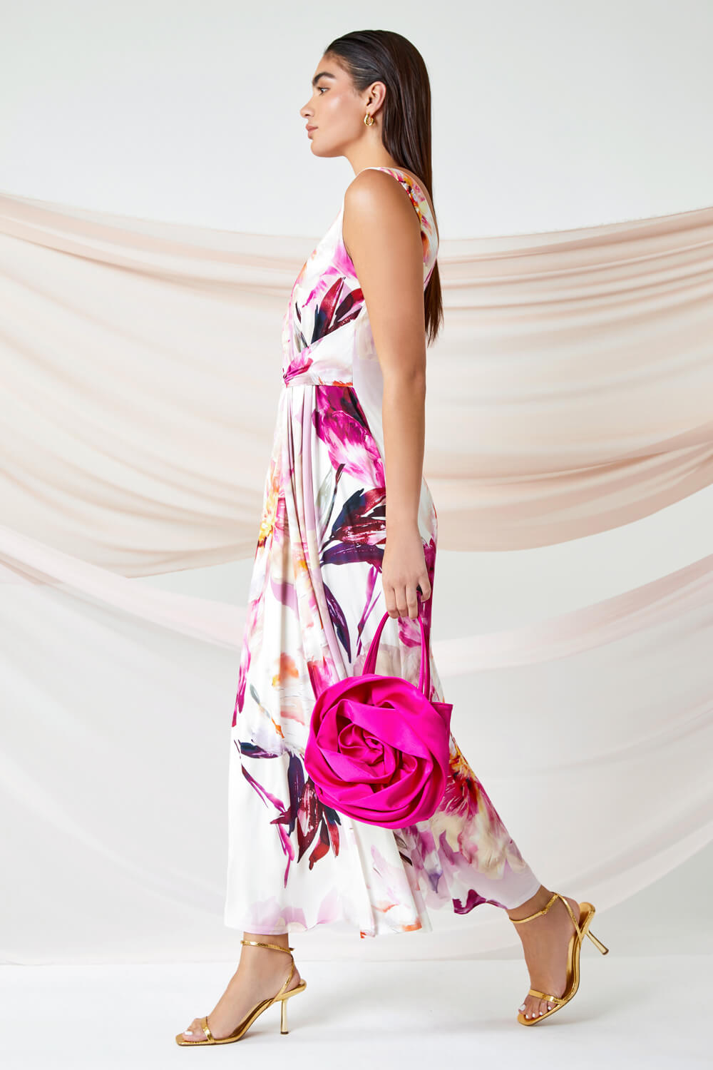 PINK Floral Drape Twist Ruched Maxi Dress, Image 2 of 6