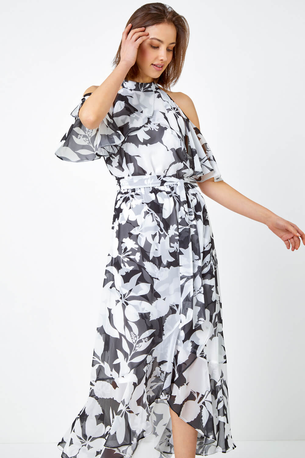 Black Floral Cold Shoulder Chiffon Maxi Dress | Roman UK