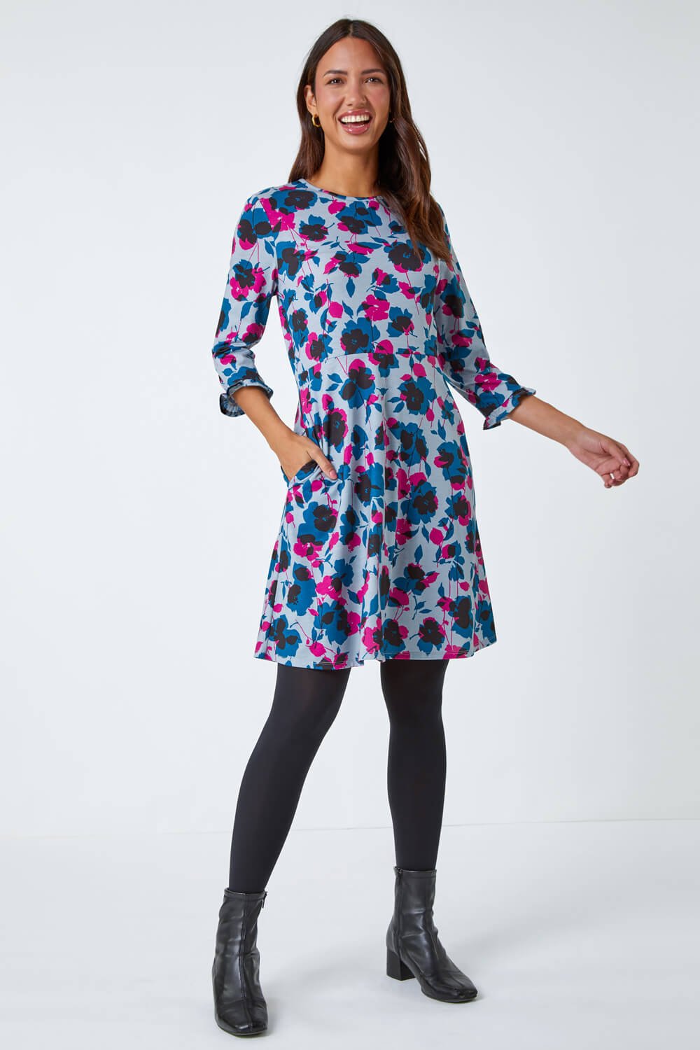 Teal Floral Print Frill Sleeve Stretch Dress | Roman UK