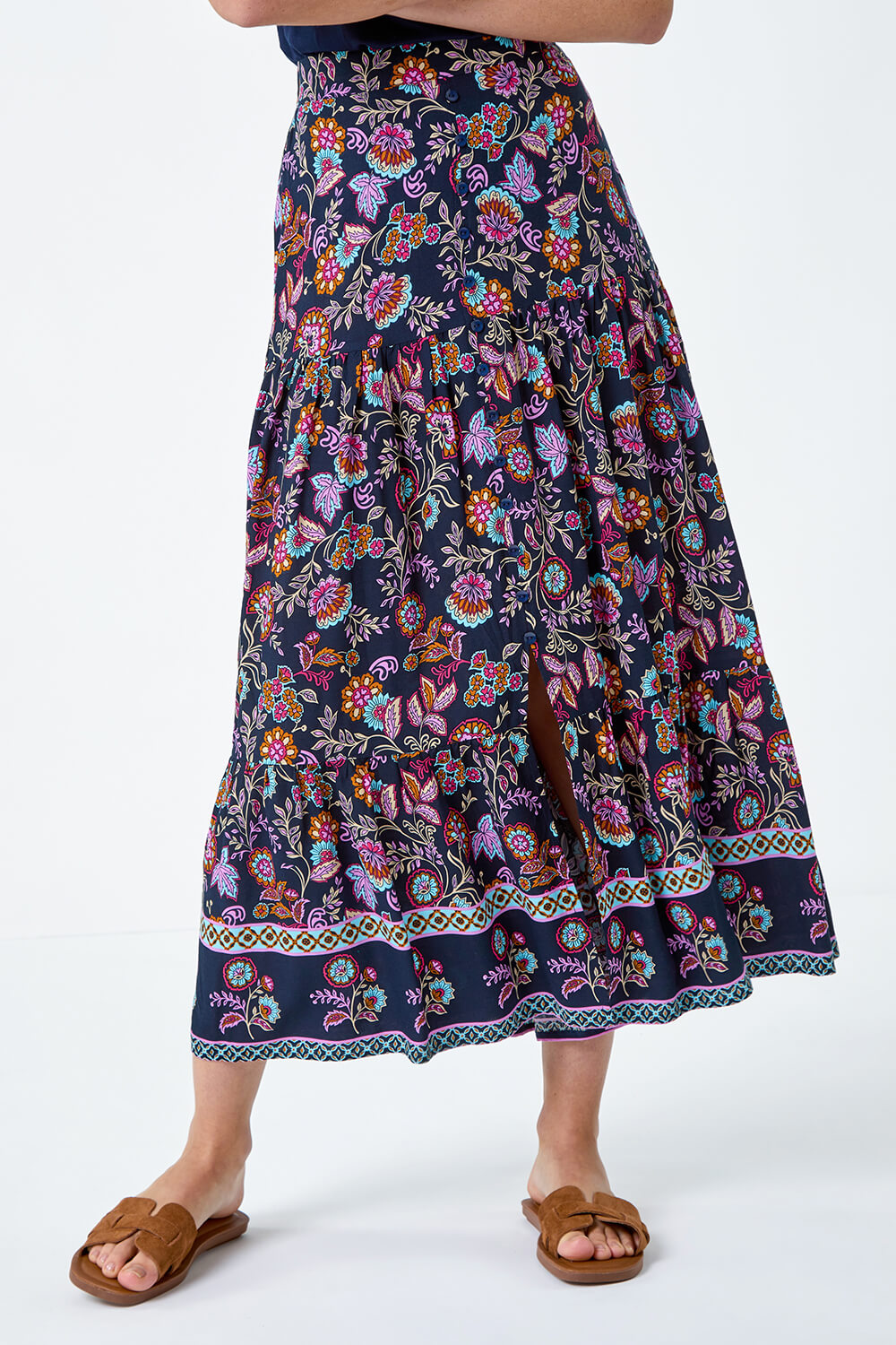 Purple Paisley Floral Button Tiered Midi Skirt, Image 4 of 5