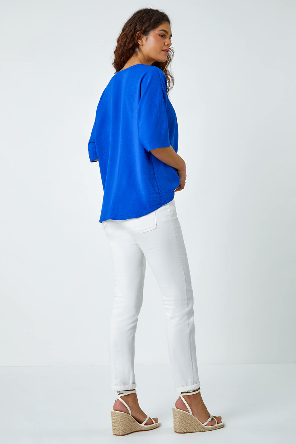Royal Blue Button Front Twist Detail Top, Image 3 of 5
