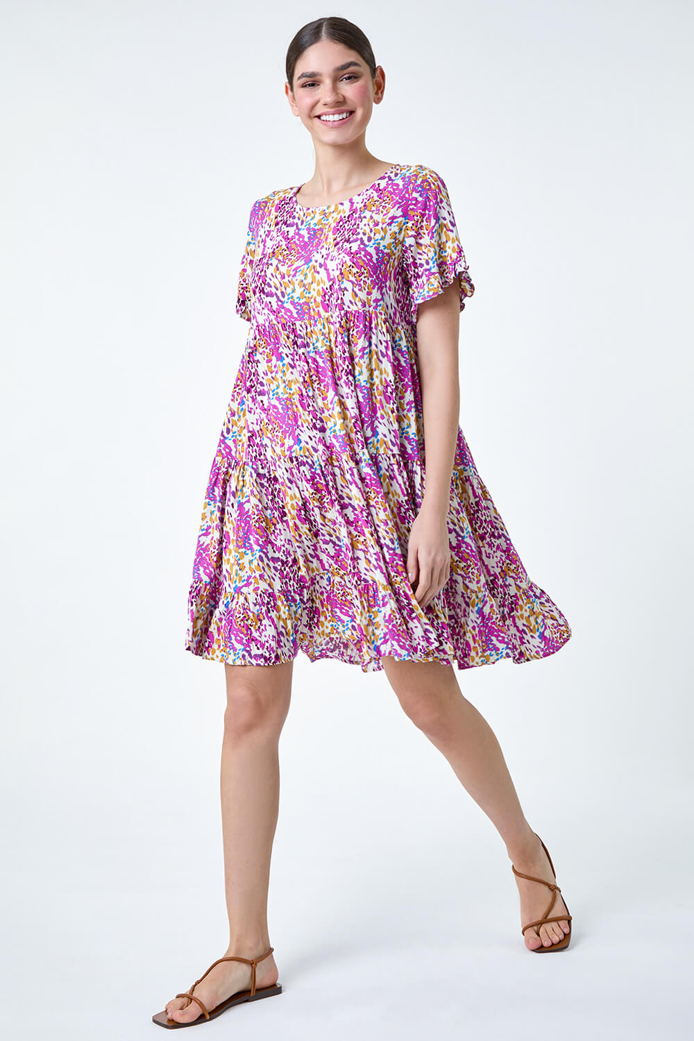 PINK Abstract Print Tiered Smock Dress, Image 2 of 5