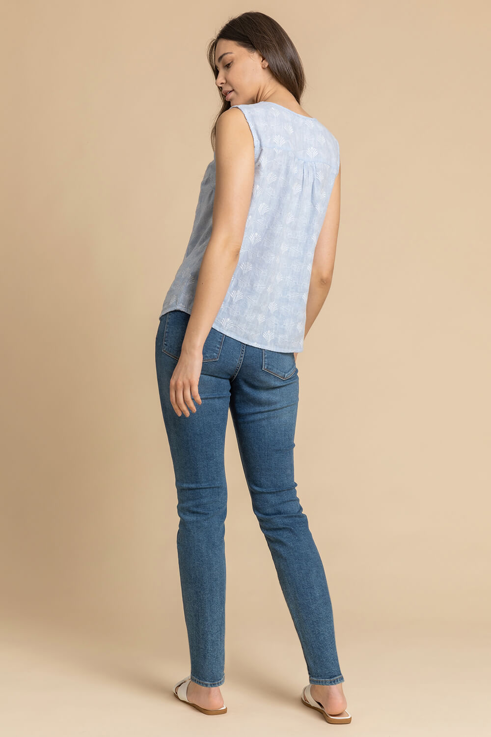 Light Blue  Sleeveless Embroidered Cotton Blouse, Image 3 of 4