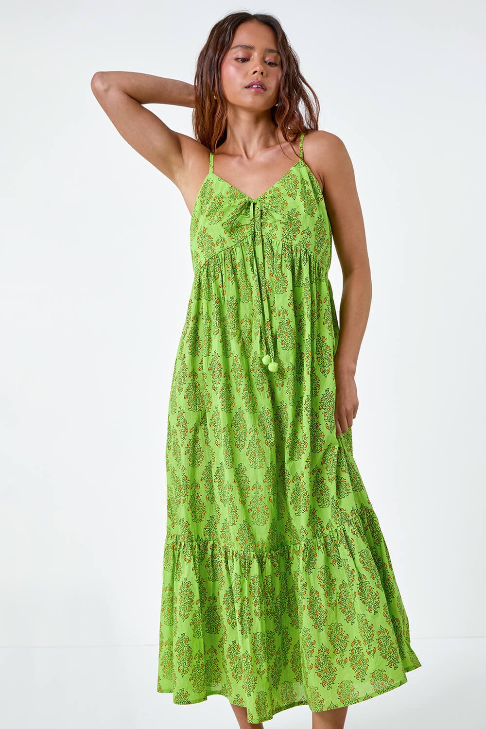 Lime Petite Paisley Tiered Cotton Midi Dress, Image 4 of 5