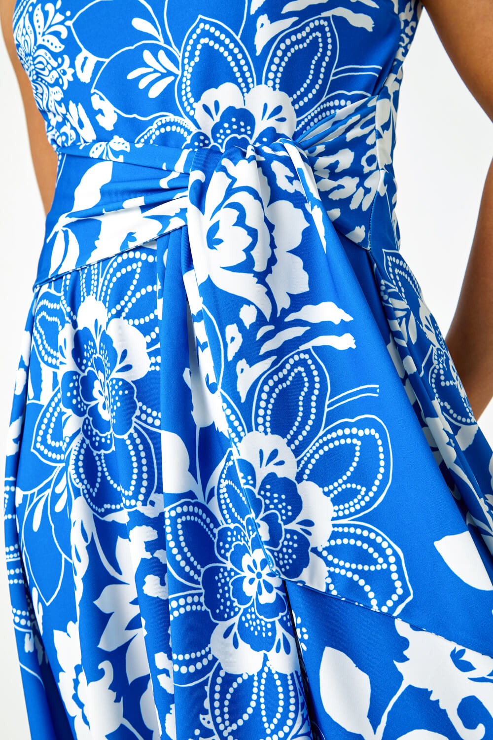 Blue Petite Tie Waist Floral Stretch Dress, Image 5 of 5