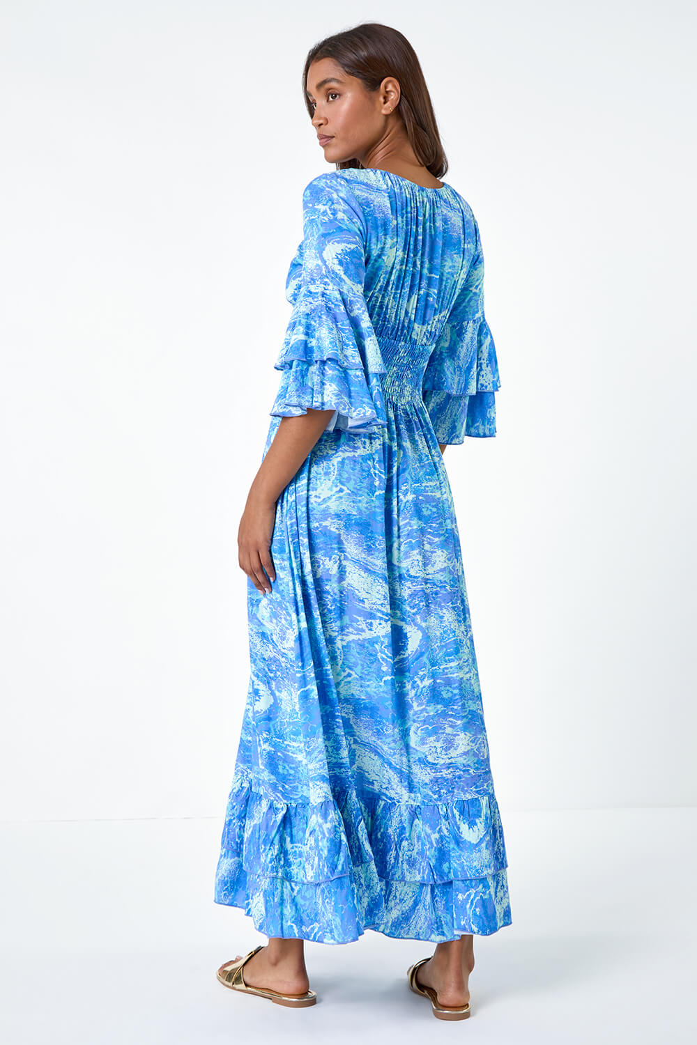 Blue Abstract Ruffle Detail Shirred Maxi Dress, Image 3 of 5