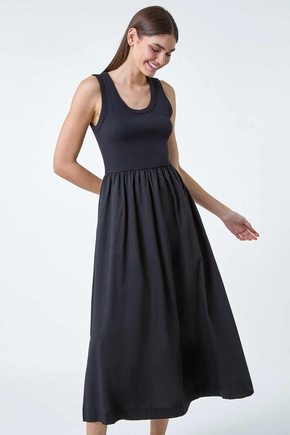 Black Cotton Stretch Jersey Mix Midi Dress, Image 4 of 5