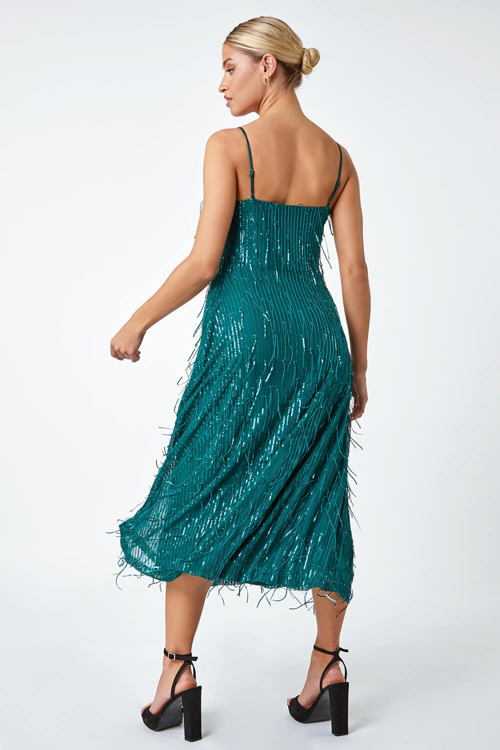 Green Sequin Tassel Midi Stretch Dress, Image 3 of 5
