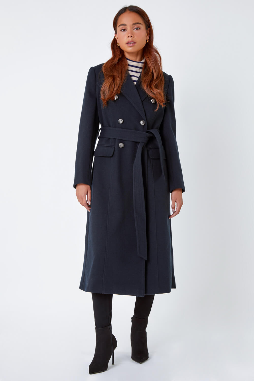 Navy  Petite Longline Belted Military Coat, Image 2 of 5