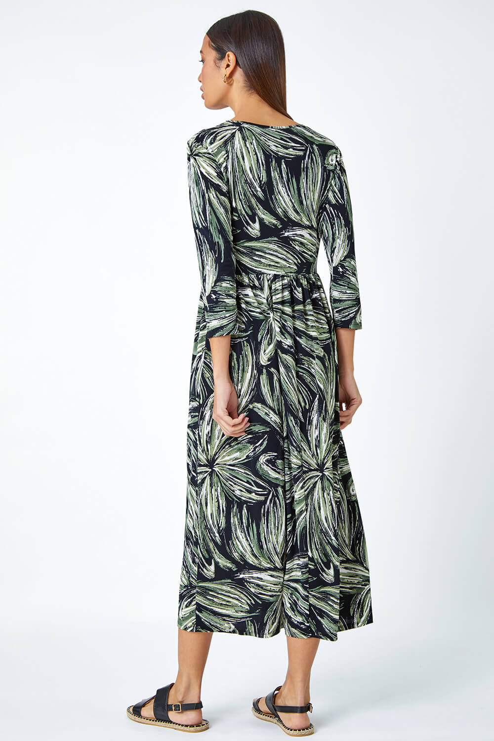 KHAKI Textured Floral Print Midi Stretch Dress, Image 3 of 5
