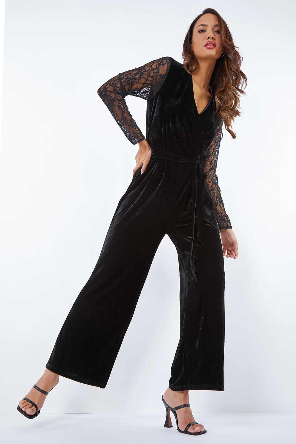 Black Lace Sleeve Velvet Wrap Jumpsuit, Image 4 of 5