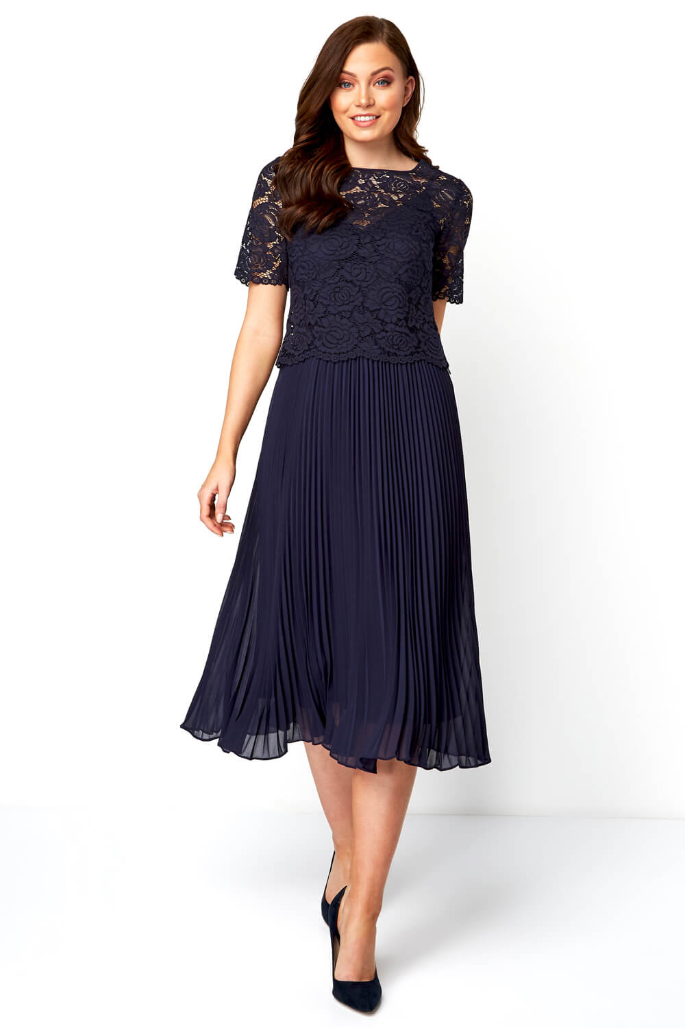 Lace Top Overlay Pleated Midi Dress in ...