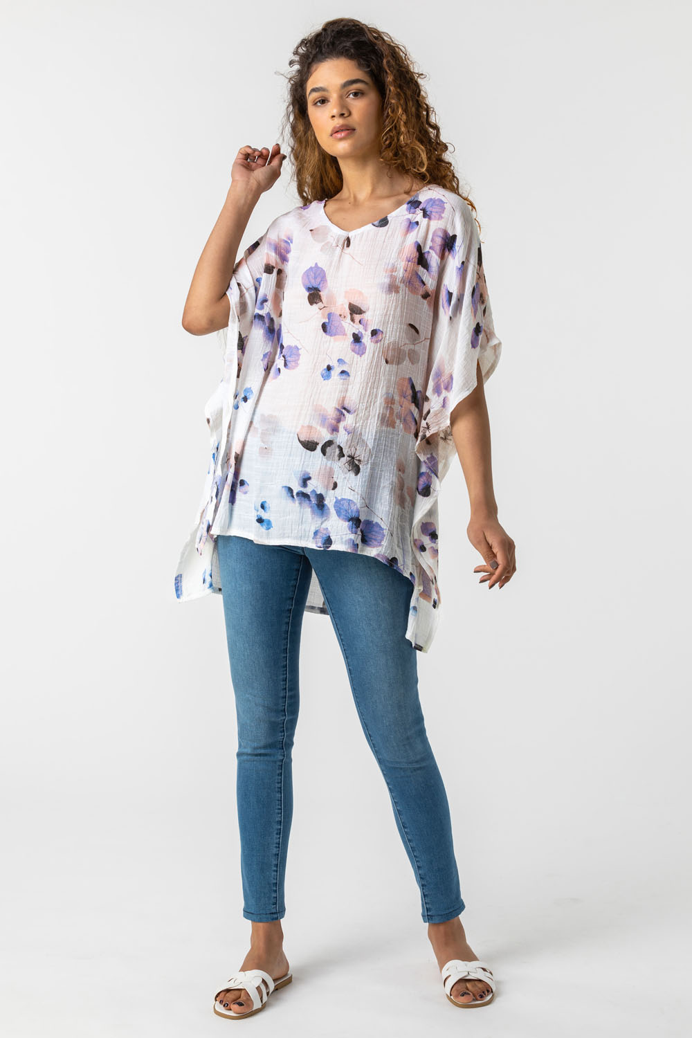 Blue Abstract Floral Print Tunic Top, Image 3 of 5