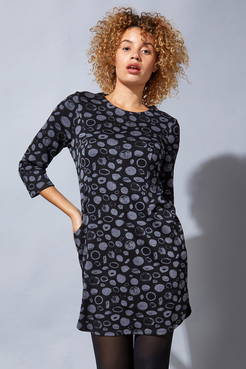 Grey Spot Circle Print Jersey Tunic Dress, Image 4 of 5