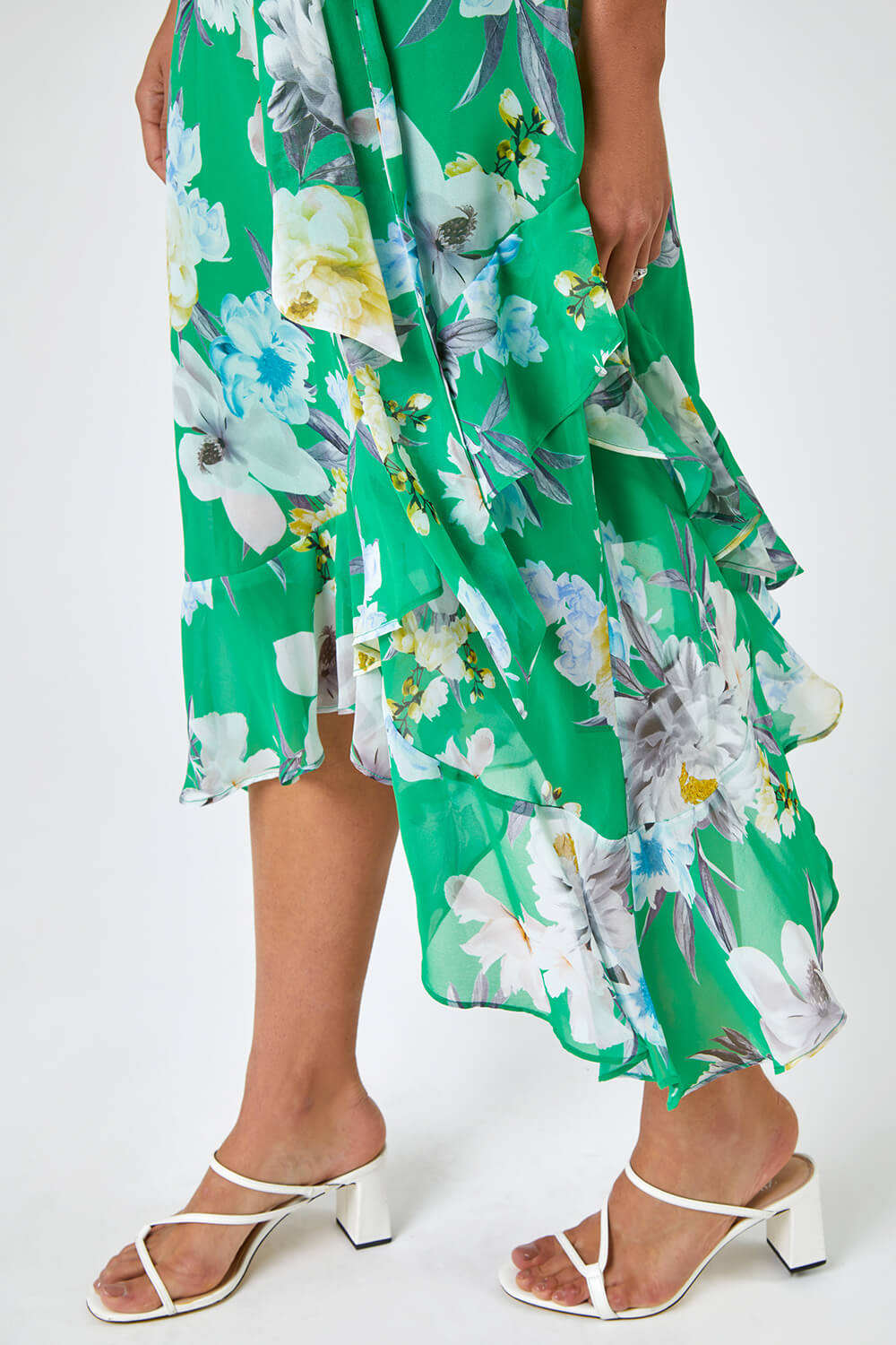 Green Floral Asymmetric Belted Midi Dress, Image 4 of 5