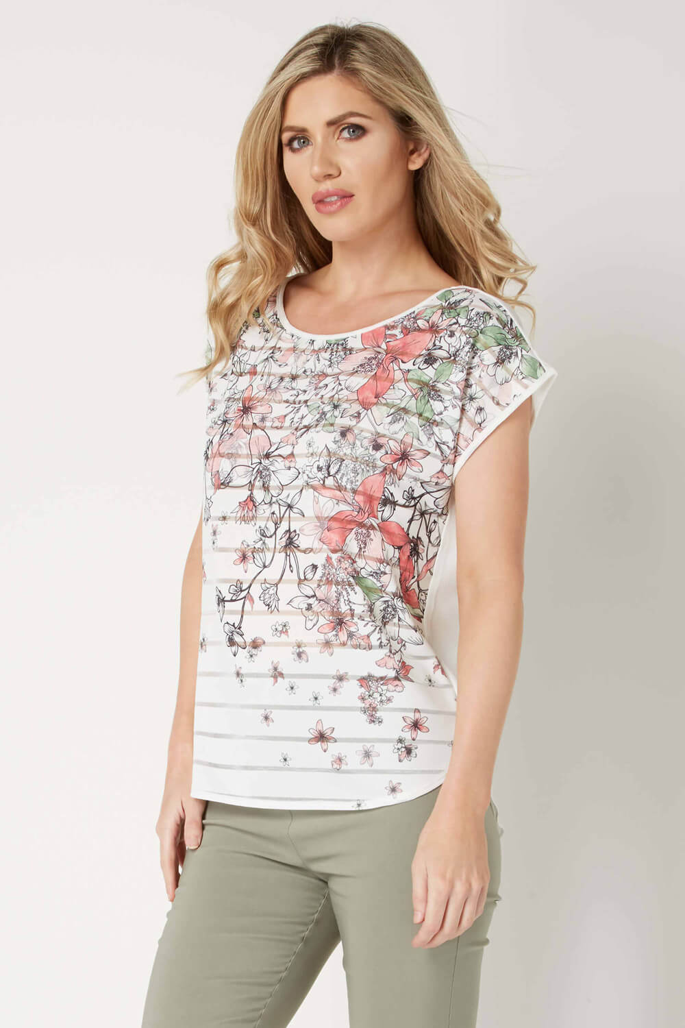 Stripe Floral Top in Ivory - Roman Originals UK