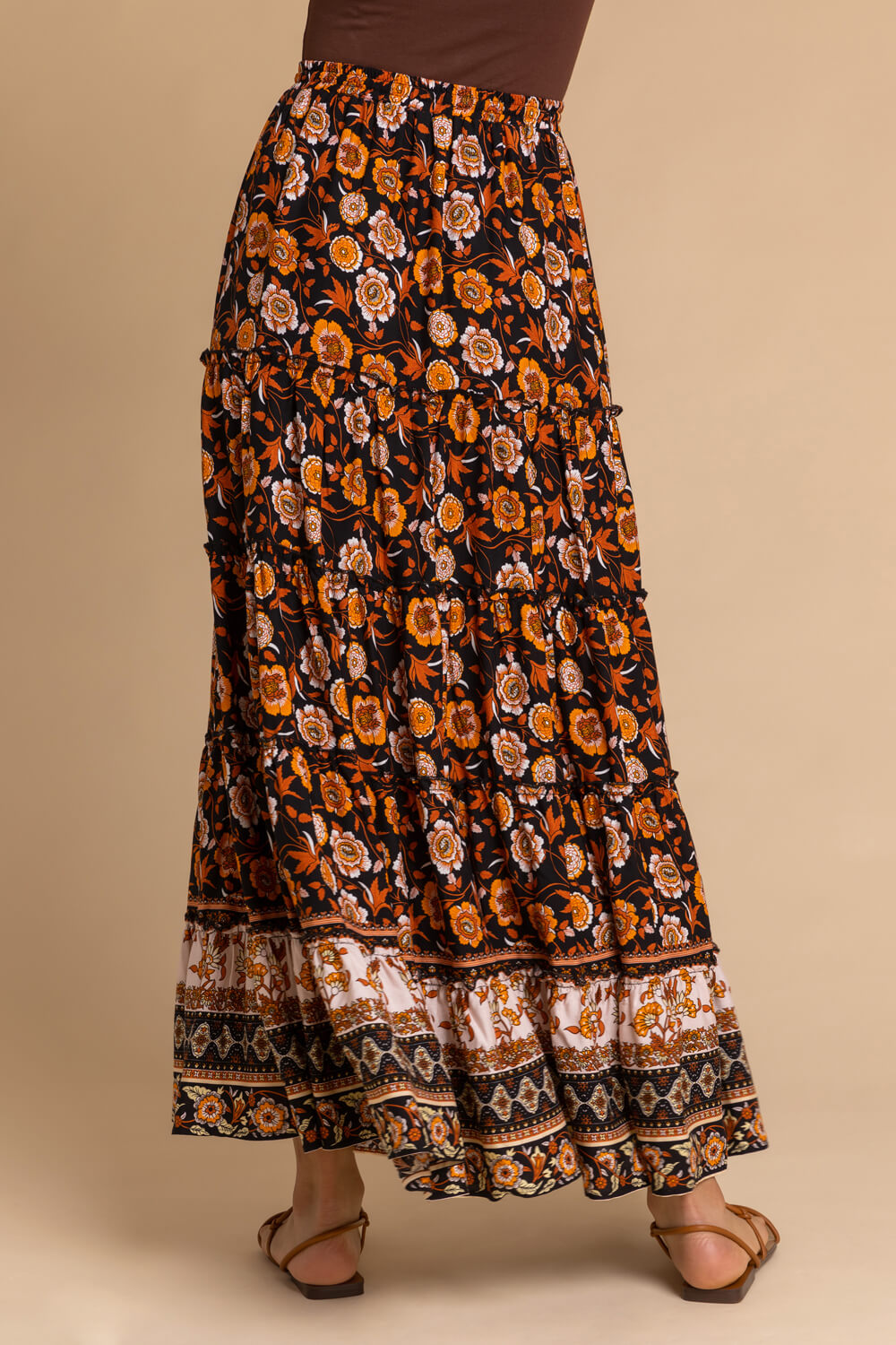 Black Floral Boho Print Tiered Maxi Skirt, Image 2 of 4