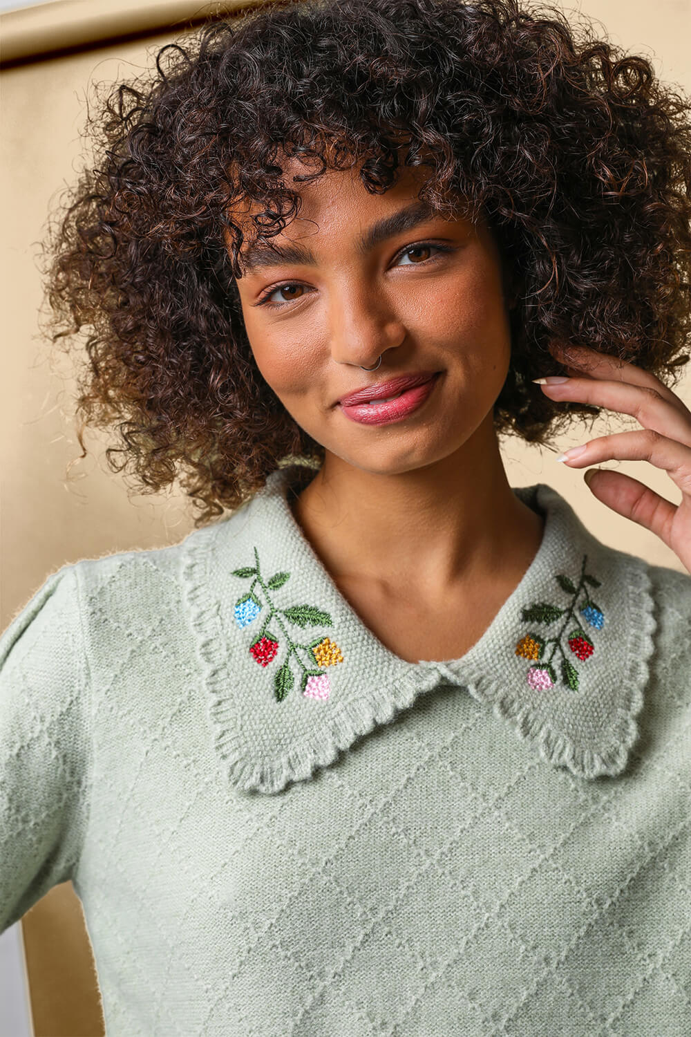 Sage Floral Embroidered Collar Jumper, Image 4 of 5