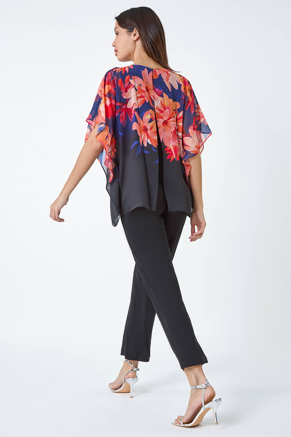 Navy  Floral Print Chiffon Overlay Jumpsuit, Image 3 of 5